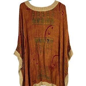 Kusnadi Womens OS Woven Batik Kaftan Poncho Tunic Rust Oversized Hippie Boho Art